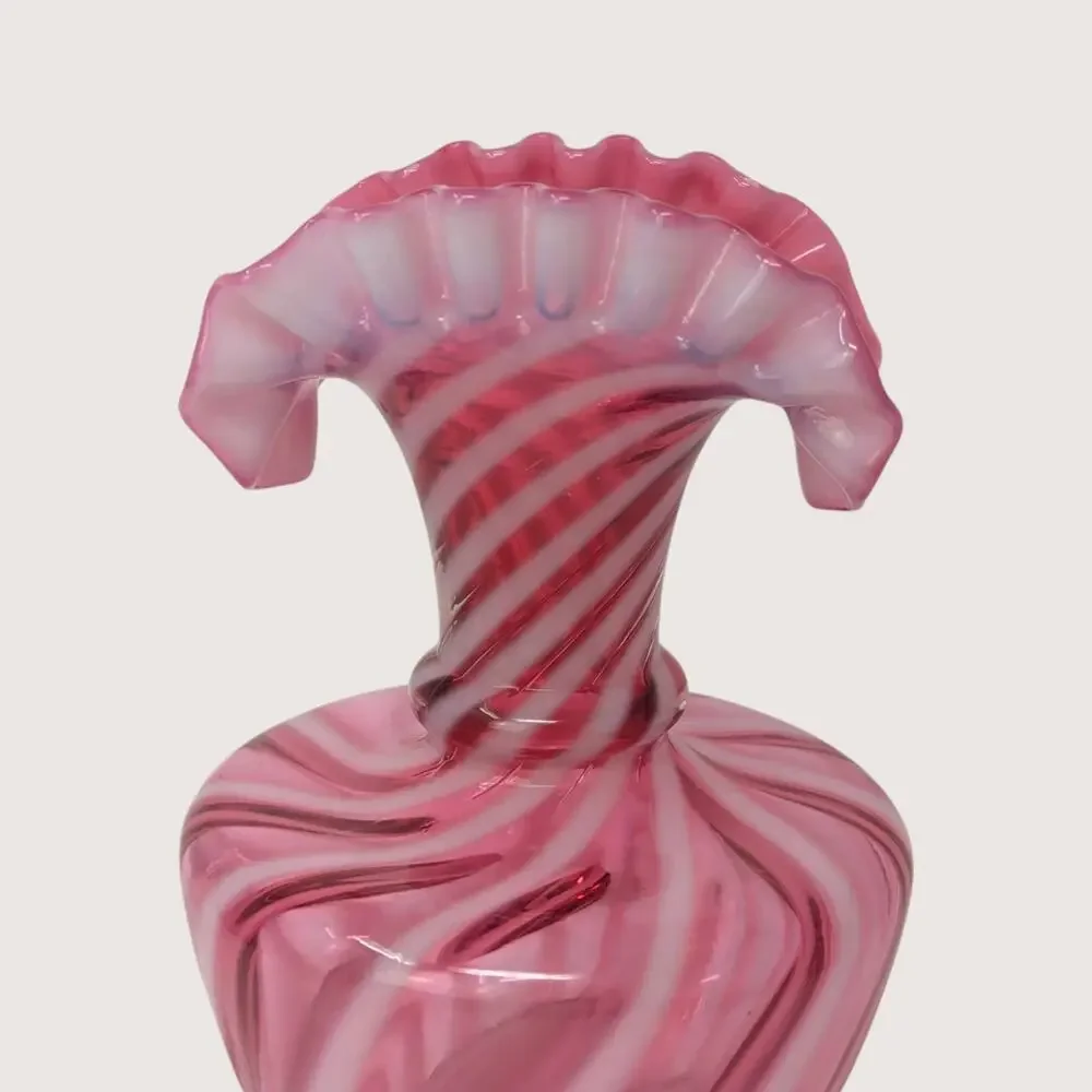 1940s Fenton Glass Pink Opalescent Spiral Swirl Double Crimped Fluted Fan Vase